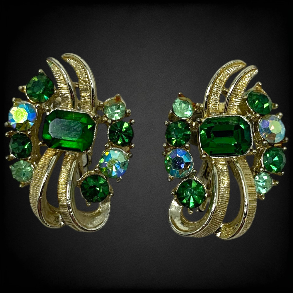 Vintage Coro Green Rhinestone Gold Tone Ribbon Clip On Earrings 1950s 1960s